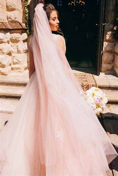 Chapel Length Pink Blush Wedding Veil With Comb Loveangeldress