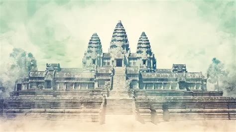 Vintage Design Linear Sketch Of A Buddha Temple In Angkor Wat Cambodia