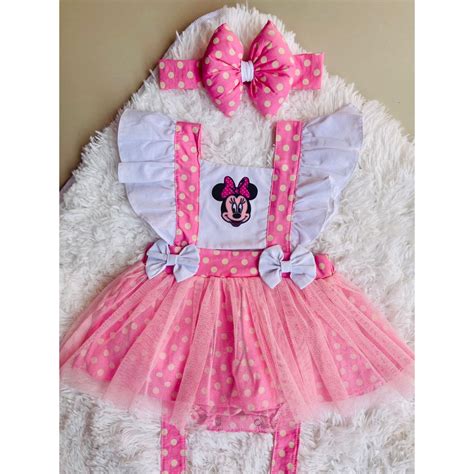 Romper Salopete Jardineira Body Para Bebe Minnie Rosa Mesversario Festa