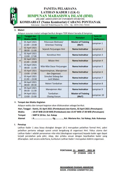 Contoh Term Of Refferencetor Latihan Kader 1 Hmi Cabang Pontianak