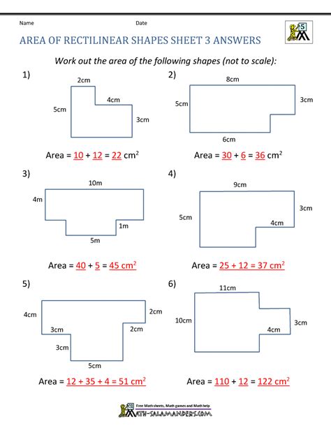 AREA OF RECTILINEAR SHAPES 3 ANSWERS Area Worksheets Area And