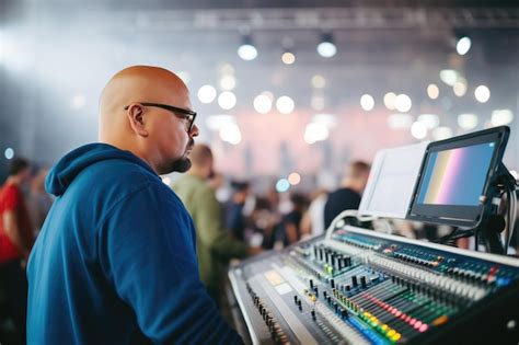 Ingeniero De Sonido En Una Mesa De Mezcla Con La Banda En El Fondo