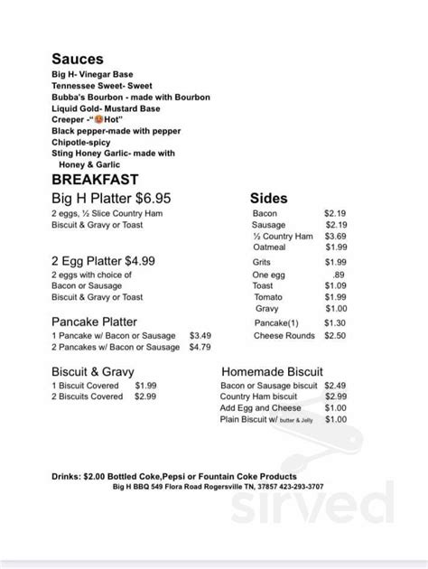 Big H BBQ menus in Rogersville, Tennessee, United States