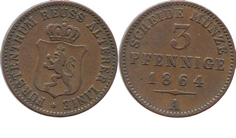 Reuss Schleiz 3 Pfennig 1864 Heinrich LXVII 1854 1867 Jüngere Linie