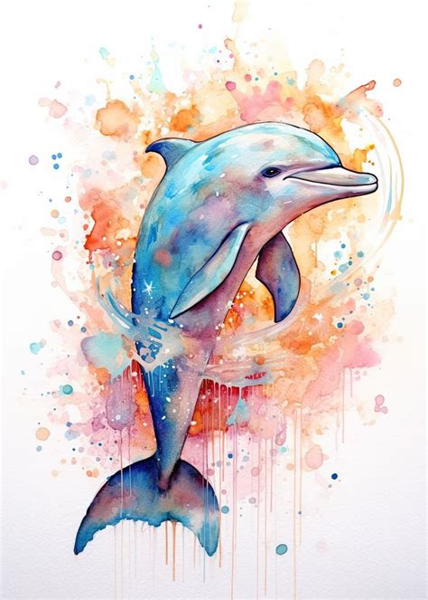 A Painting Of A Dolphin With Watercolor Splashs On It S Face And Tail