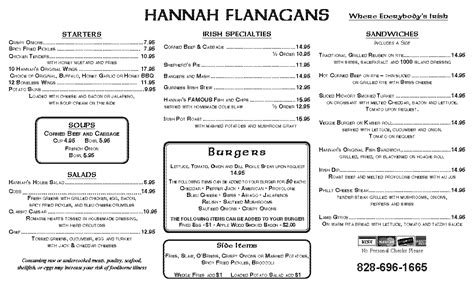 Hannah Flanagan’s Menu