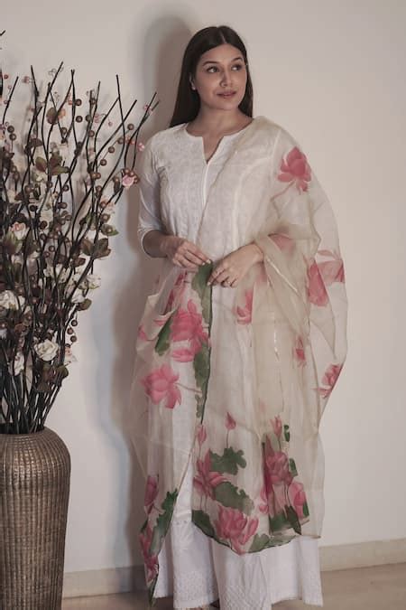 Buy Beige Swiss Organza Hand Painted Dupatta For Women By Anaya By