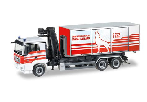 Herpa MAN TGS L Euro 5 Wechsellader LKW Mit Kran Feuerwehr Wolfsburg