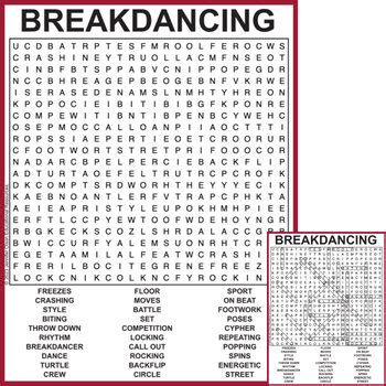 Breakdancing Word Search By Jennifer Olson Educational Resources