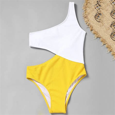 Zaful New Bikinis Swimsuit Ribbed Two Tone One Shoulder Swimsuit