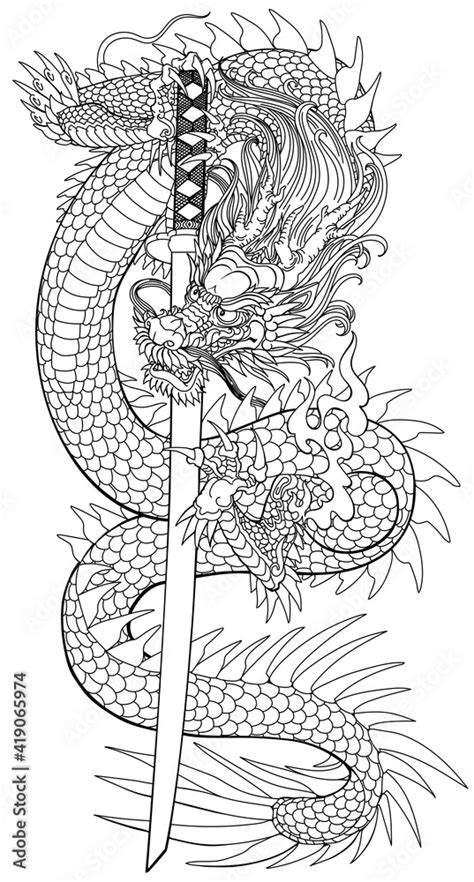 A Japanese dragon with a katana sword. Asian and Eastern mythological creature. Isolated tattoo ...