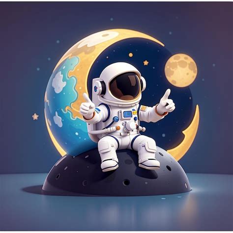 Cute Astronaut Sitting On Moon With Peace Hand Cartoon Vector Icon