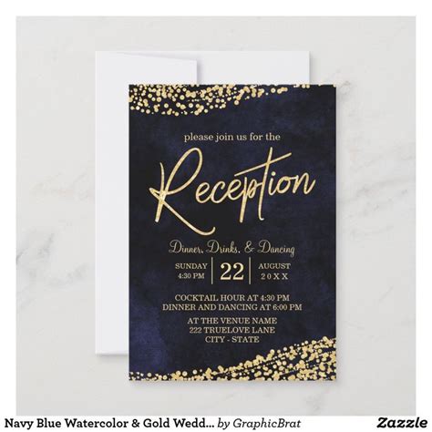 Navy Blue Watercolor Gold Wedding Reception Invitation Zazzle