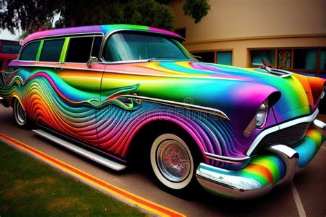 A Rainbow Paint Job on a Classic Car, with Bright Colors and Bold Designs. Stock Image - Image ...