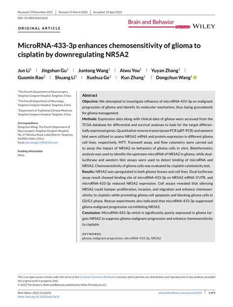 PDF MicroRNA4333p Enhances Chemosensitivity Of Glioma To Cisplatin