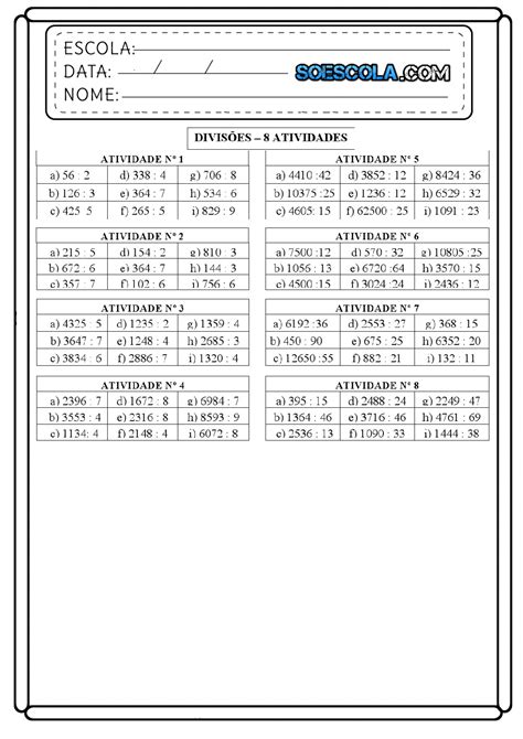 Atividades Continhas De Divis O S Escola