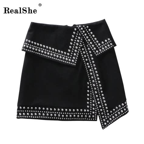 Realshe Punk Skirt Heavy Beading Fashion Skirt Women Black High Waist