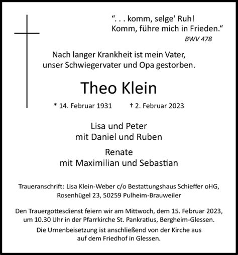 Traueranzeigen Von Theo Klein WirTrauern