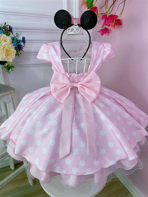 Vestido Infantil Rosa C Bolinhas Minnie C Aplique de Laço Rosa