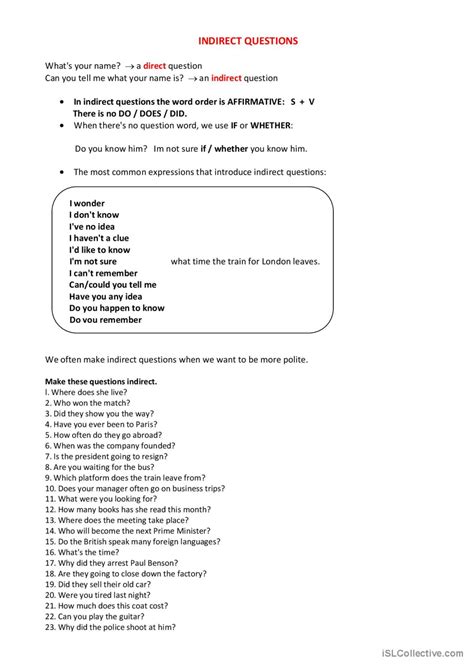 Indirect Questions English Esl Worksheets Pdf And Doc