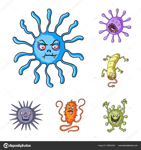 Tipos De Iconos De Dibujos Animados De Microbios Divertidos En La