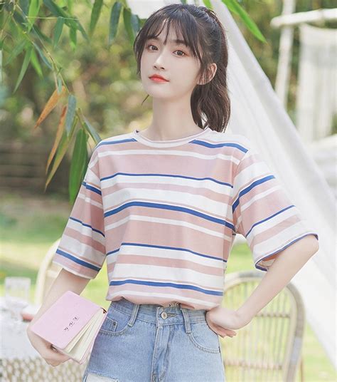 Pink And Blue Striped Oversized T Shirt K Fashion At Fashionchingu