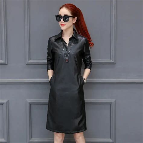 Pu Leather Dress Women Slim V Neck Long Sleeve Autumn Dress Plus Size