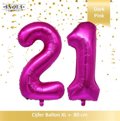 Cijfer Ballon 21 Jaar Hoera 21 Jaar Snoes Dark Pink 80 Cm