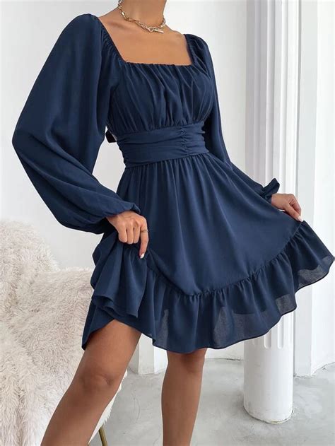 Knot Back Lantern Sleeve Ruffle Hem Dress In 2022 Cute Short Dresses