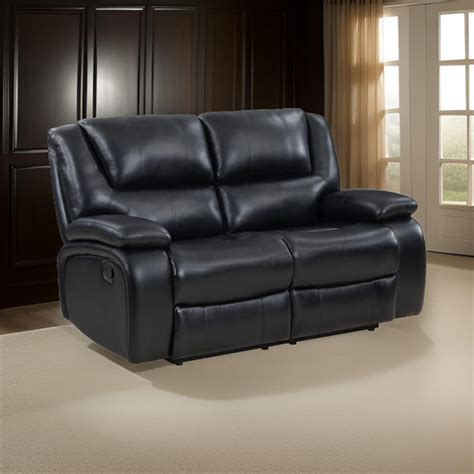 Benjara Mila Manual Recliner Loveseat Black Faux Leather Pillow Top