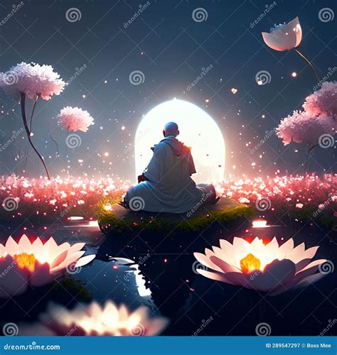 Illustration of a Japanese Zen Garden with Lotus and a Full Moon AI Generated Stock Illustration ...