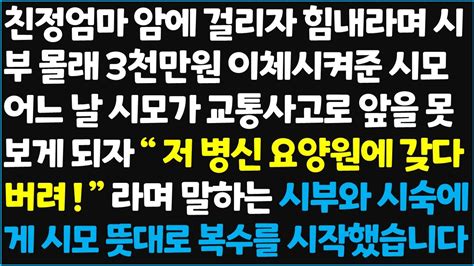 신청사연 친정엄마 암에 걸리자 힘내라며 시부 몰래 3천만원 이체시켜준 시모 어느 날 시모가 교통사고로 앞을 못보게 되자