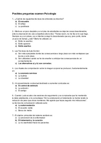 Soluciones De Las Posibles Preguntas Examen Psicologia Pdf