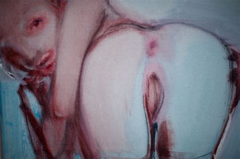 A Painting Of A Naked Woman With Red Paint On Her Body And Hands Behind