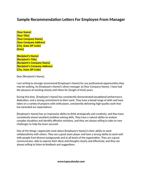 Free Printable Recommendation Letters For Employee From Manager Templates Pdf