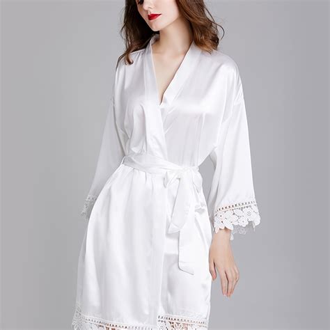 Lace Trim Satin Night Robe Elegant V Neck Long Sleeve House Robe With Belt Women S Sleepwear