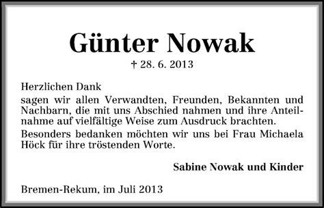 Traueranzeigen von Günter Nowak Trauer Gedenken