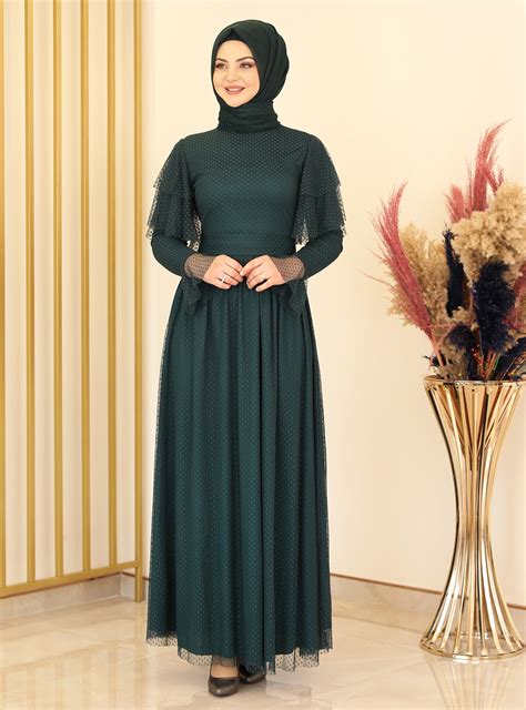 Petrol Polka Dot Fully Lined Crew Neck Modest Evening Dress