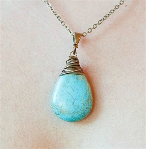 Turquoise Necklace Wire Wrapped Teardrop Pendant By Botanicalbird