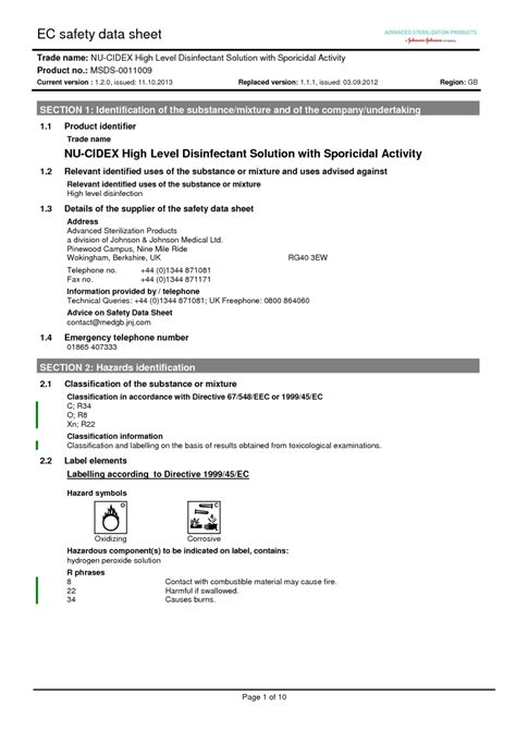 Nu Cidex High Level Disinfectant Solution With Sporicidal Activity Msds