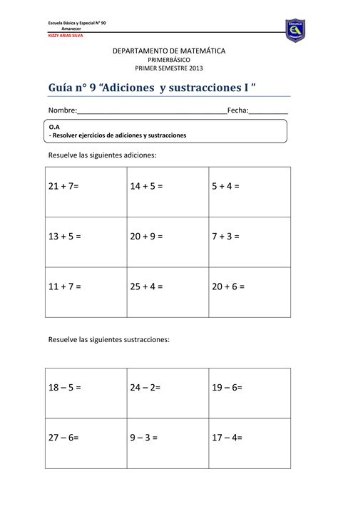 Primero Guía N°9 Adiciones And Sustracciones I Pdf