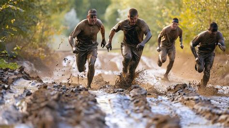 Premium Photo Four Men Competing In An Obstacle Race They Are Covered