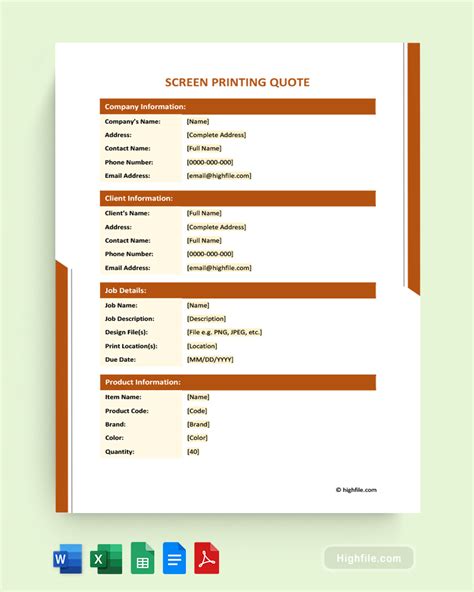 Screen Printing Quote Template - Word | Excel | PDF | Google Docs ...