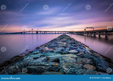 Long Exposure Of A Jetty And The Chesapeake Bay Bridge From San Stock