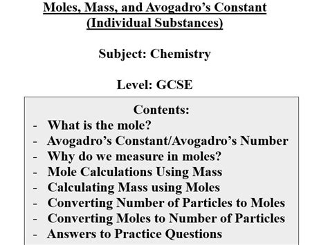 Moles Mass And Avogadros Constant Teaching Resources