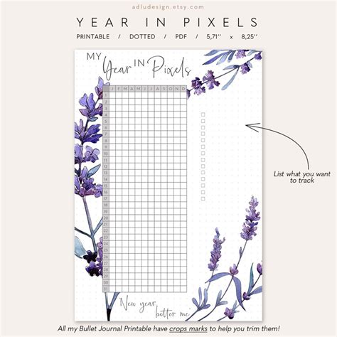 Year In Pixels Printable For Journals Daily Journaling Mood Study And