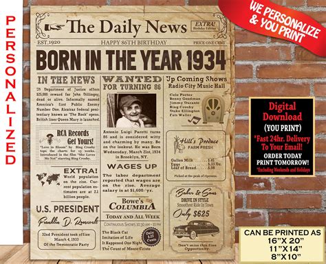 1934 Birthday Newspaper Poster For 86th Birthday 1934 Facts Etsy