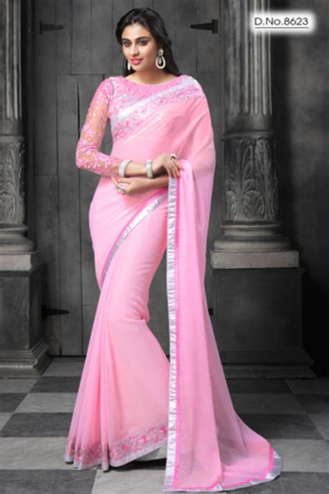 Buy Light Pink Embroidered Faux Chiffon Saree With Blouse Online