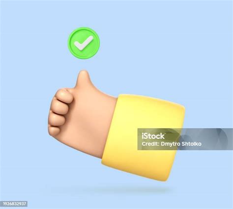 3d Cartoon Thumb Up Hand Gesture And Green Check Mark Icon Isolated On Blue Background Vector 3d