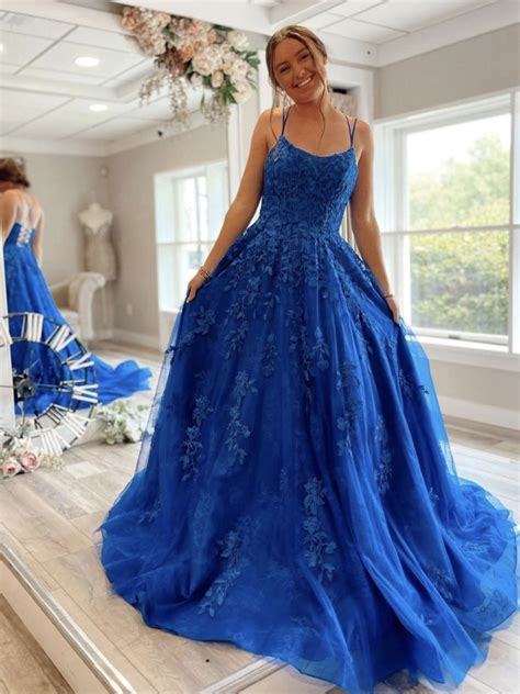 Blue Tulle Lace Long Prom Dress Blue Tulle Lace Long Evening Dress